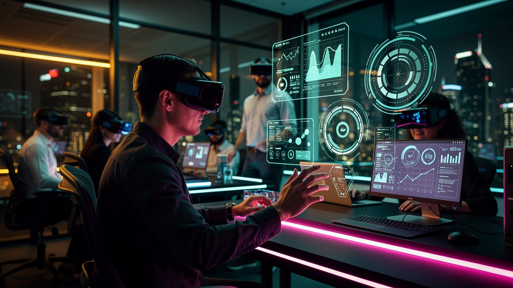 Ferramentas e recursos para dominar LMS e educação corporativa em 2026 — Um grupo diversificado de funcionários usando headsets de realidade virtual em um ambiente de treinamento simulado. O cenário c