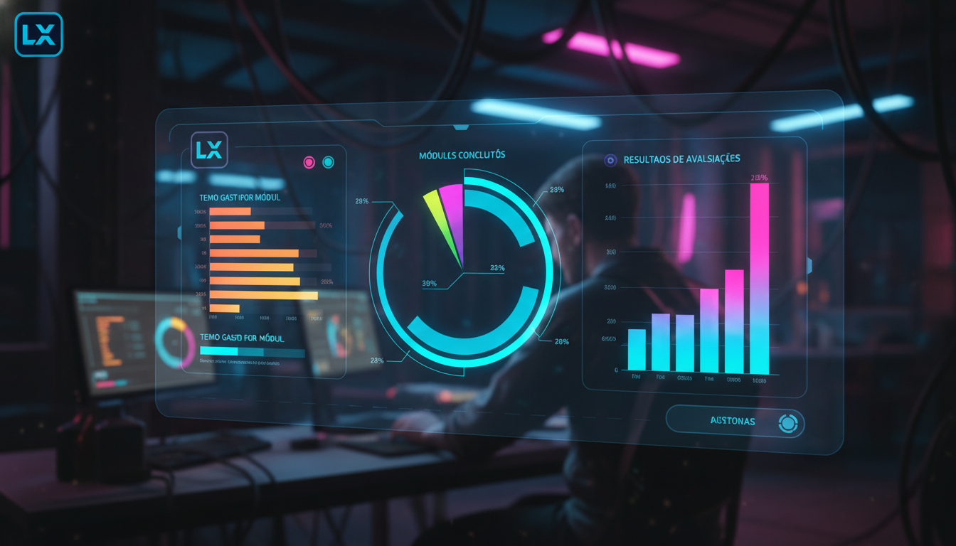 Ferramentas essenciais para dominar Dashboard do Aluno hoje — Close-up de um dashboard digital exibindo o progresso de um aluno em um curso online. Gráficos de barras e pizza mostram o status das ativ
