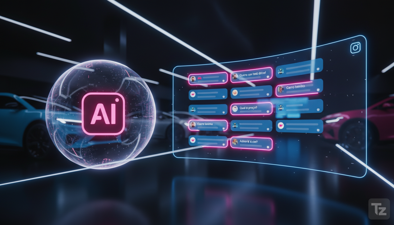 Ferramentas essenciais para dominar IA no Instagram hoje — Um agente de IA, visualizado como uma interface holográfica flutuante, monitora uma tela com múltiplos comentários do Instagram em posts de u