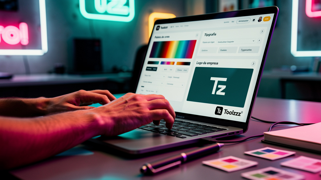 Ferramentas essenciais para dominar LXP hoje — Close-up das mãos de um designer gráfico trabalhando em um laptop. Na tela do laptop, a interface de uma LXP sendo totalmente customizada: paleta de core