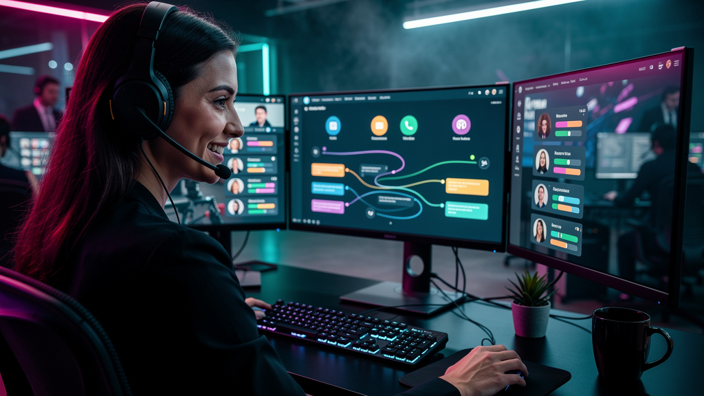 Ferramentas essenciais para dominar Transferência IA para Humano hoje — Um atendente de suporte ao cliente, usando um headset, sorri enquanto olha para múltiplos monitores. Um dos monitores exibe uma 