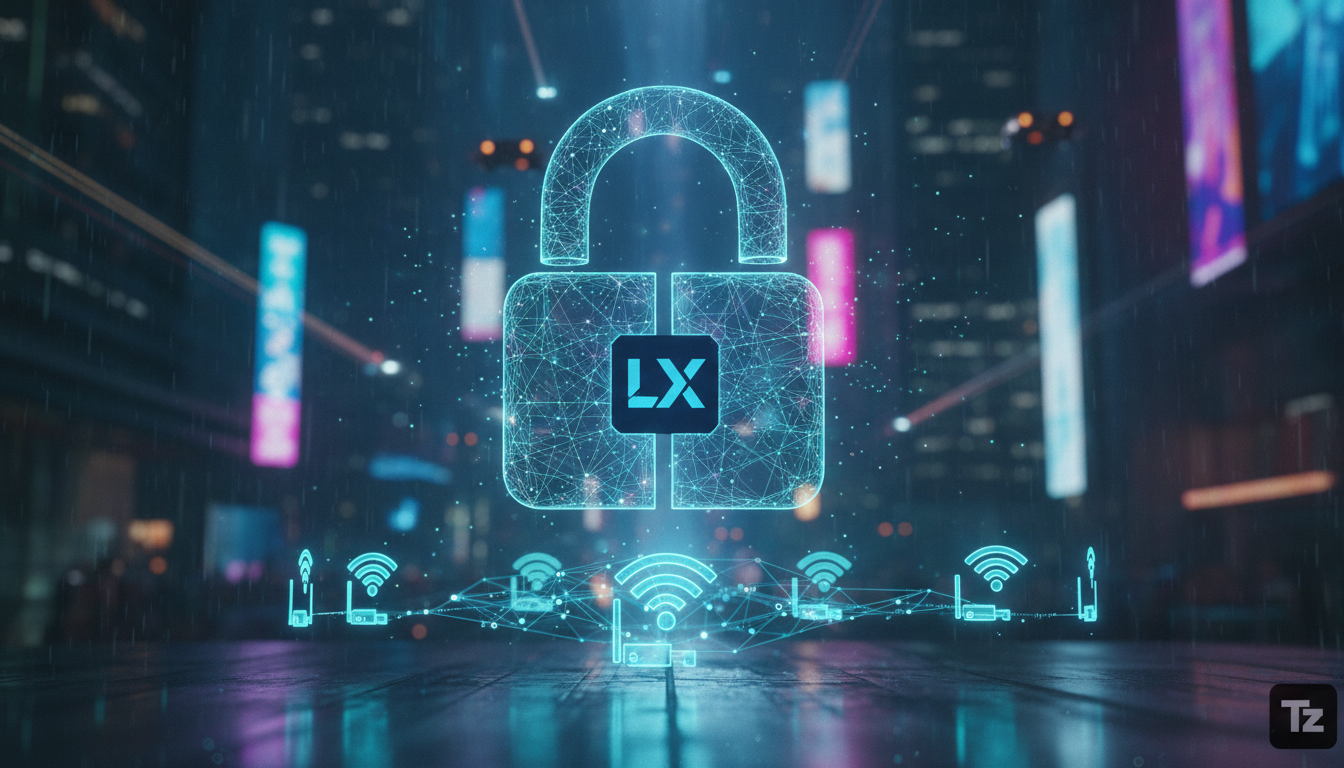 Firefox 149: Mozilla lança VPN gratuita integrada — Um close-up de um cadeado digital holográfico flutuando sobre uma rede Wi-Fi pública (representada por ícones de roteadores estilizados). O cadeado 