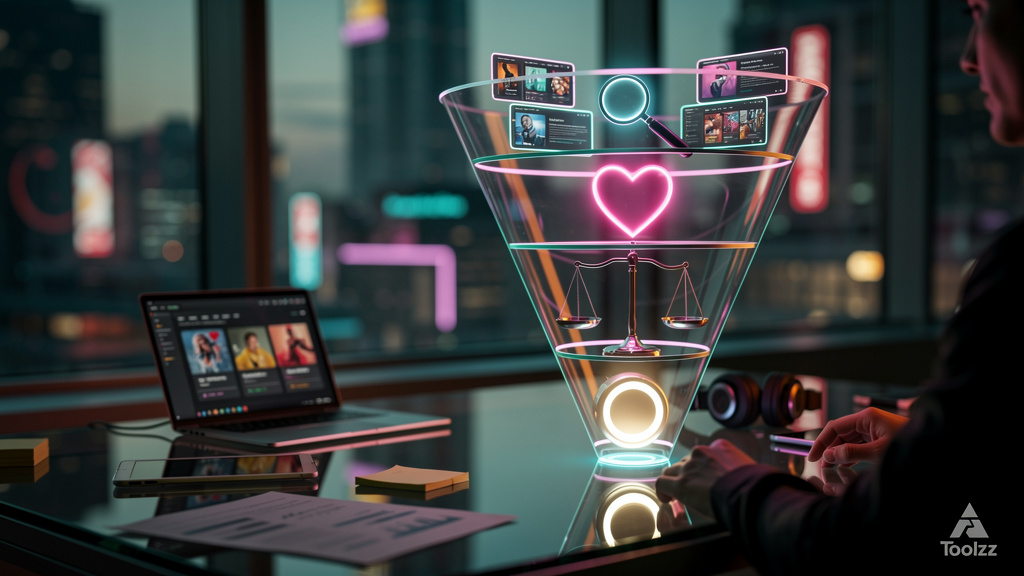 Fluxo de Vendas para Cursos Online no Thinkific: Guia Completo — Ilustração de um funil de vendas estilizado, com cada etapa representando uma fase do aprendizado online: Conscientização (uma lupa sob