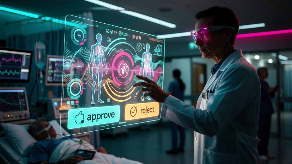 Fluxos de Aprovação Humana e o futuro do trabalho — Um médico utilizando óculos de realidade aumentada em um hospital moderno, analisando dados de um paciente gerados por IA. A interface dos óculos ex