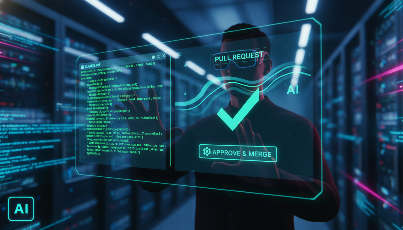 Flywheel: O Protocolo para Colaboração Segura com IA — Um diagrama ilustrativo mostrando um arquivo de contexto CLAUDE.md sendo atualizado por um pull request (PR) gerado por uma IA. Uma figura huma