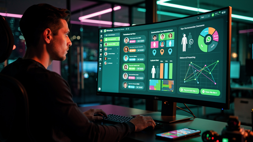 Follow-up no WhatsApp: Guia Completo para Prospecção — Um designer de produto trabalhando em um monitor mostrando o painel da Toolzz AI para segmentar contatos no WhatsApp. A tela exibe dados demográf