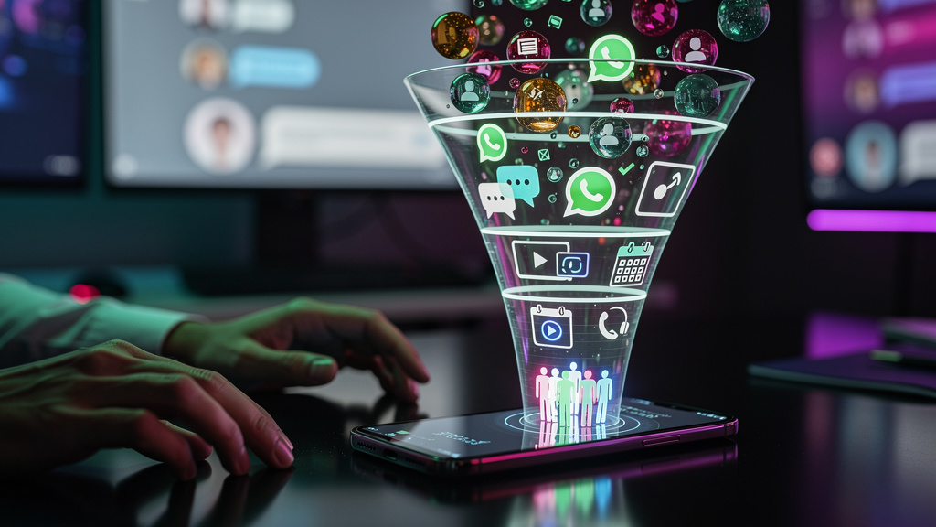 Follow-up no WhatsApp: Guia Completo para Prospecção e Vendas — Um funil de vendas visualmente atraente no estilo infográfico, mostrando leads entrando no topo e se convertendo em clientes na base. Ca