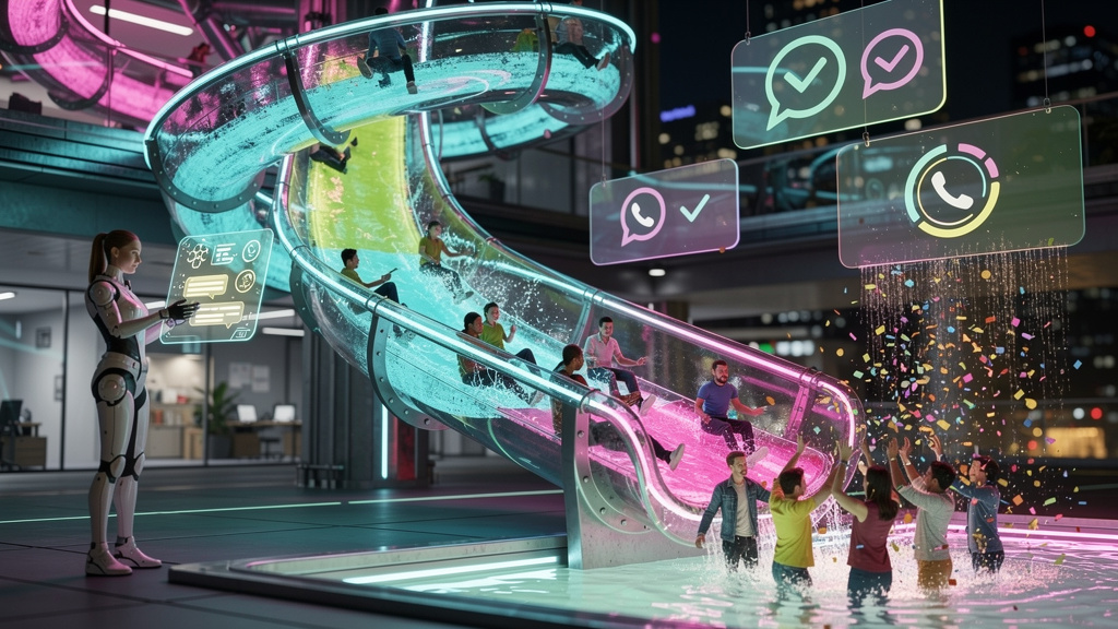 Follow-up no WhatsApp: Guia Completo para Prospecção e Vendas — Um funil de vendas visualmente atraente representado como um tobogã aquático, onde leads (representados por pequenos personagens) desliz