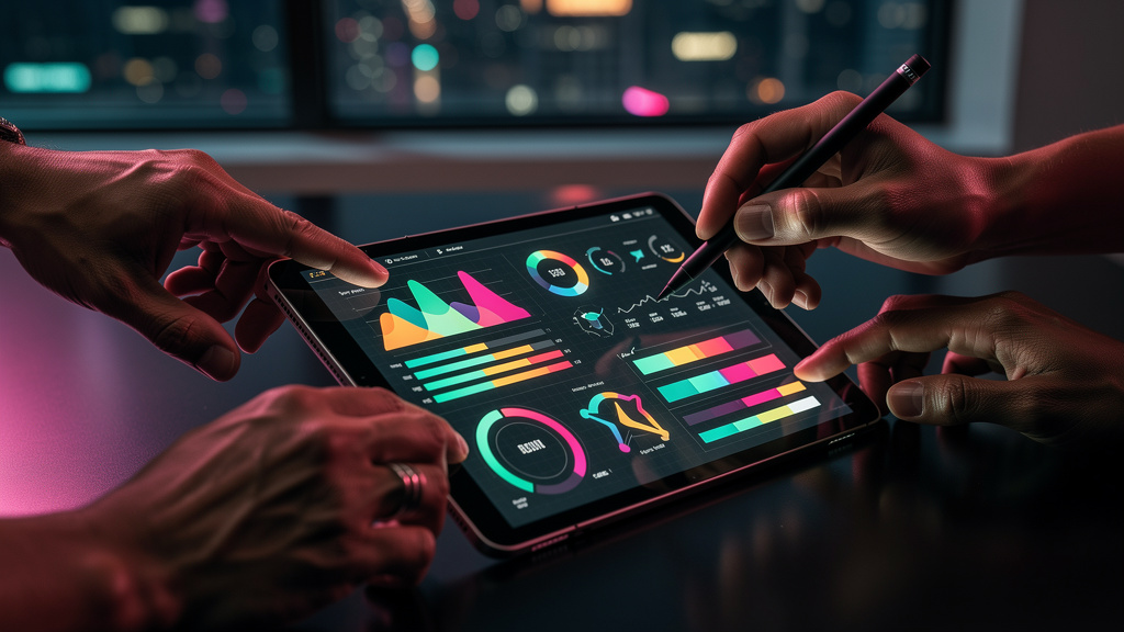 Força de Trabalho com IA: O Futuro da Produtividade Empresarial — Close-up de mãos humanas colaborando em um tablet. A tela do tablet exibe um painel de controle de um agente de IA da Toolzz, mostrand