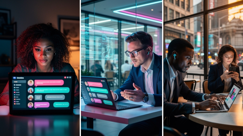 Fórum de Discussão: O Guia Completo para Educação Corporativa — Ilustração digital de um grupo diversificado de colaboradores em diferentes locais (casa, escritório, cafeteria), todos conectados a um 