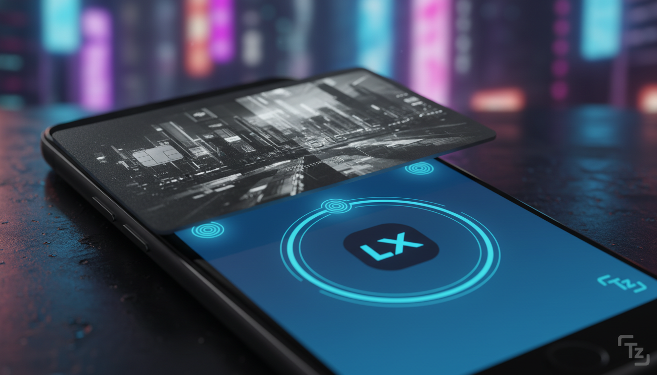 Fotos Digitais NFC e E Ink: A Próxima Revolução na Experiência do Cliente? — Um close-up detalhado de um cartão E Ink mostrando uma tela sendo atualizada via NFC por um smartphone. O smartphone exibe 