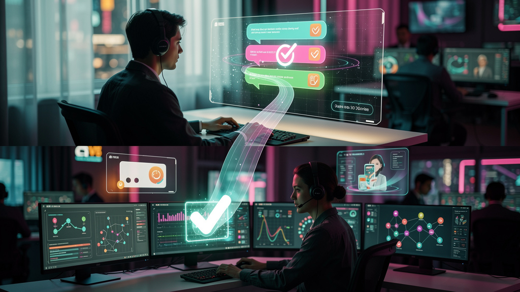 Framework completo para escalar Atendimento Híbrido em 2026 — Um diagrama visual mostrando o fluxo de um atendimento híbrido. No topo, um cliente interagindo com um chatbot (representado por uma inter