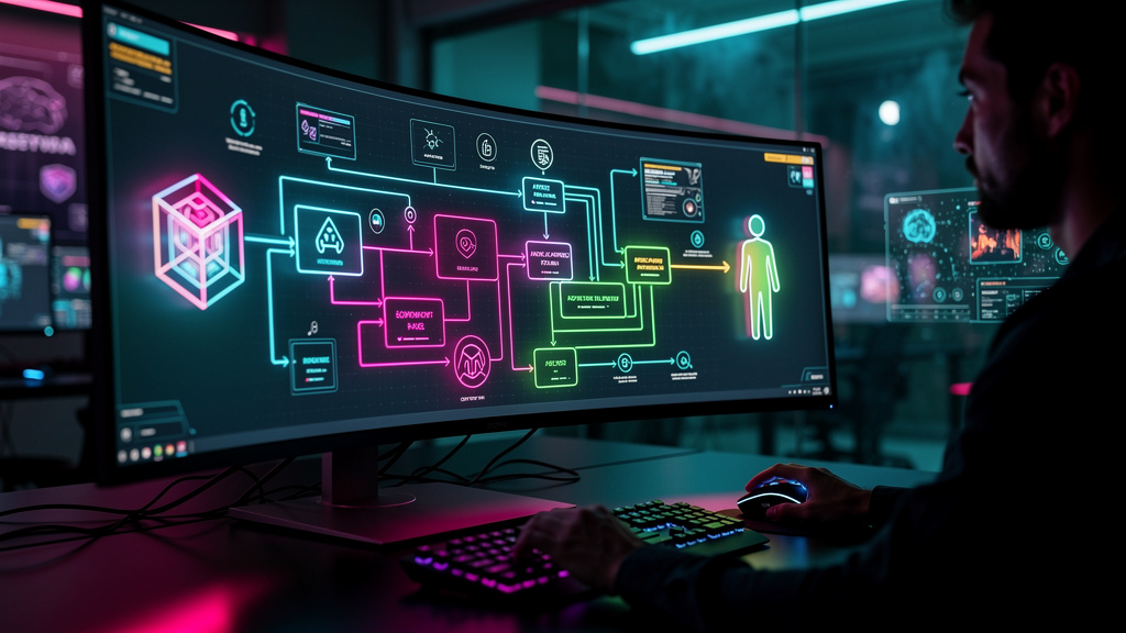 Framework Completo para Escalar Fluxos de Aprovação Humana em IA (2026) — Uma tela de computador exibindo um diagrama de fluxo complexo que representa um processo de aprovação humana em IA. O fluxo co