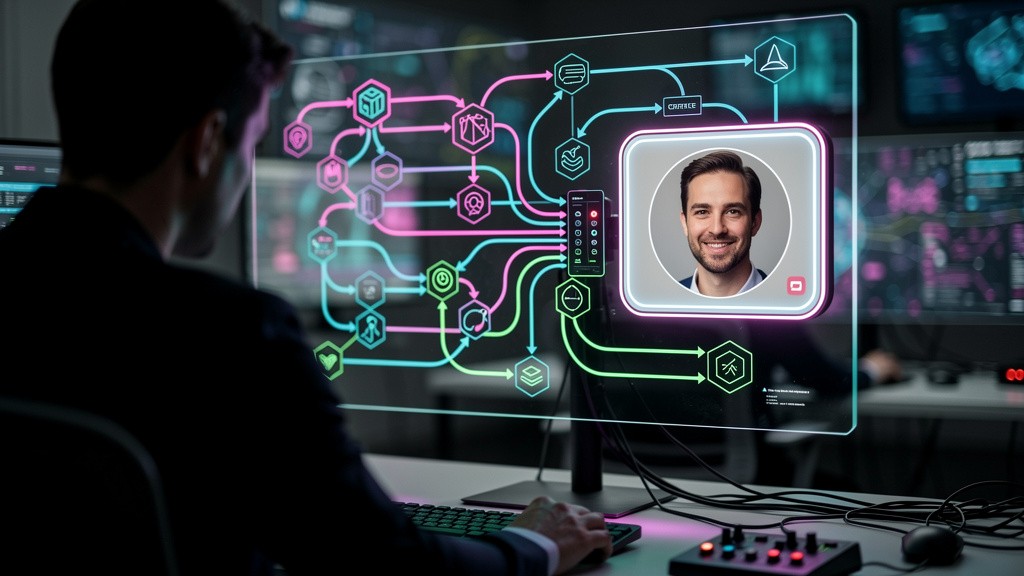 Framework completo para escalar fluxos de Human Approval em 2026 — Um diagrama de fluxo complexo exibido em uma tela transparente, mostrando um processo automatizado interrompido por uma caixa de diál