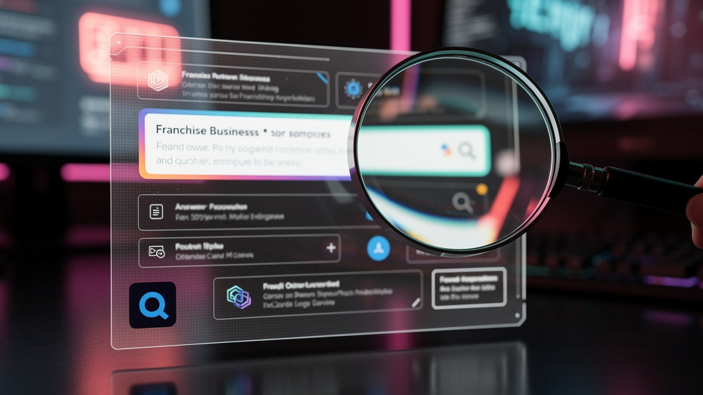Franquias: Como Virar Referência no ChatGPT com Blog e IA — Um close-up de uma lupa examinando a página de resultados de um mecanismo de busca (SERP). A lupa foca em um 'featured snippet' que responde
