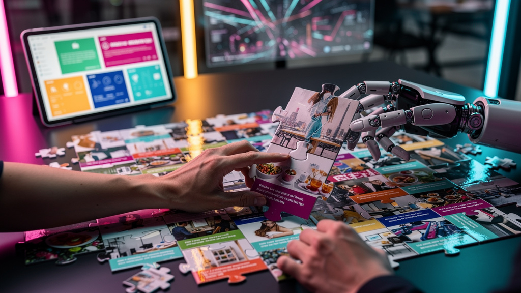 Franquias: Escale Conteúdo de 4 para 100+ Posts/Mês com IA — Um quebra-cabeça gigante sendo montado por mãos robóticas e humanas trabalhando juntas. As peças do quebra-cabeça são posts de blog com dif