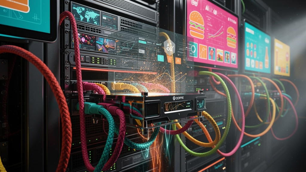 Franquias na Era da IA: Como Dominar o SEO com Conteúdo Automatizado — Um close-up de um servidor de dados com cabos coloridos, onde cada cabo está conectado a um monitor exibindo o logo de diferentes
