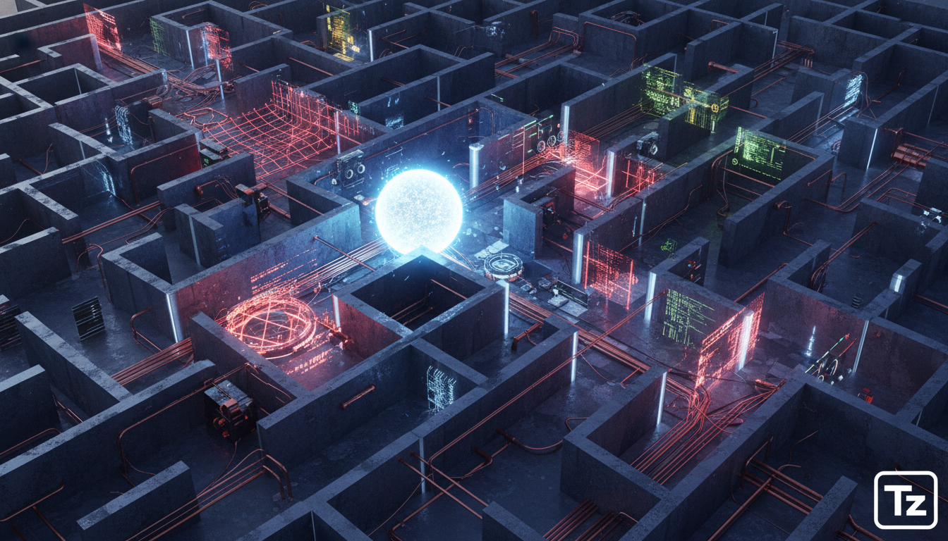 Garantindo a Qualidade da IA: Testes e Avaliações Essenciais — Ilustração digital de um labirinto complexo, com um modelo de IA (representado como uma esfera brilhante) navegando por ele. O labirinto 