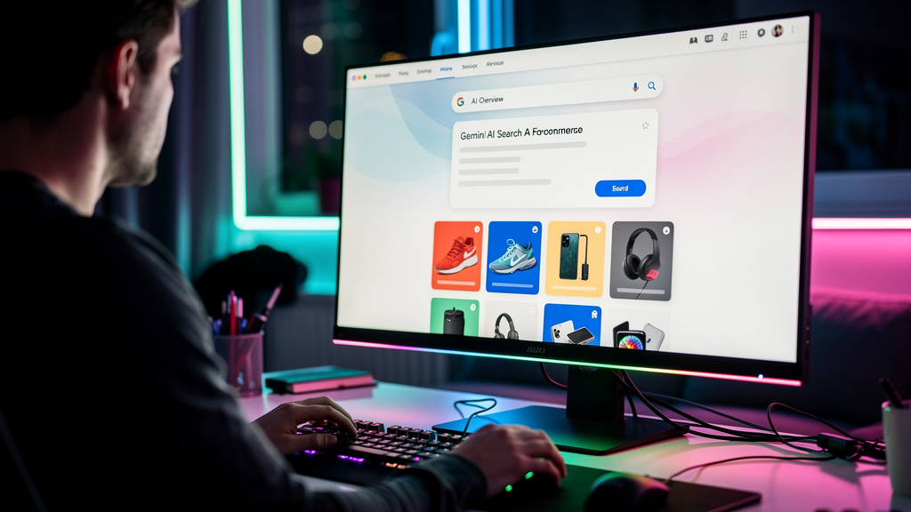 Gemini AI Search e SEO para E-commerce: Guia Completo — Captura de tela simulada de um Google AI Overview exibindo um resumo conciso sobre um produto de e-commerce, com links para diferentes lojas vir