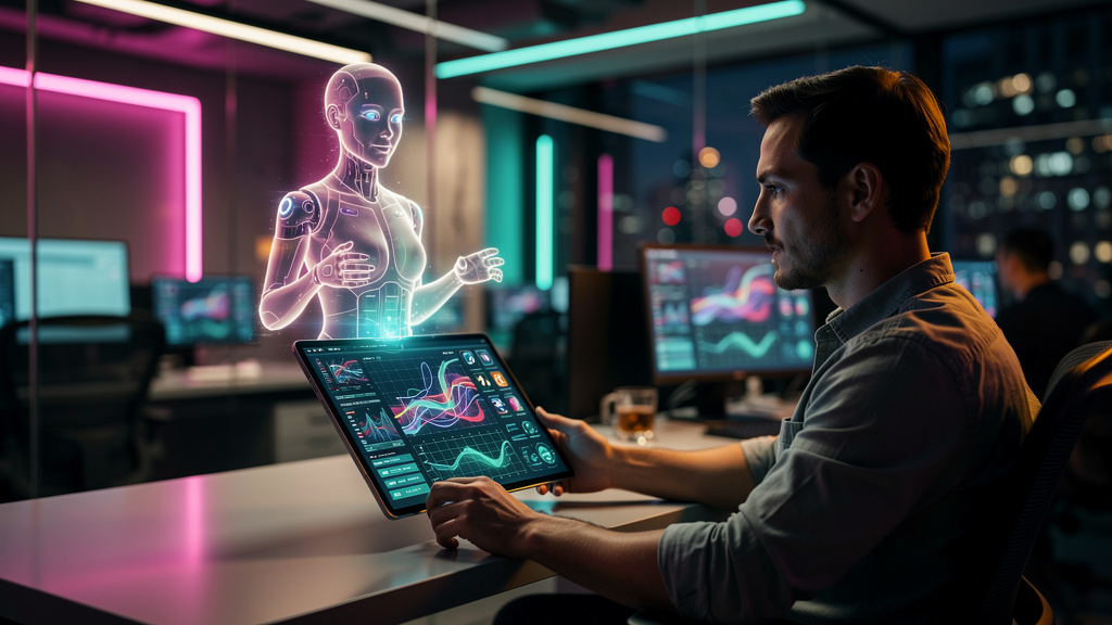 Genius IA: O Futuro da Automação Inteligente — Um agente de IA personificado como um assistente virtual amigável, em estilo cartoon moderno, interagindo com um cliente através de um tablet. O assisten