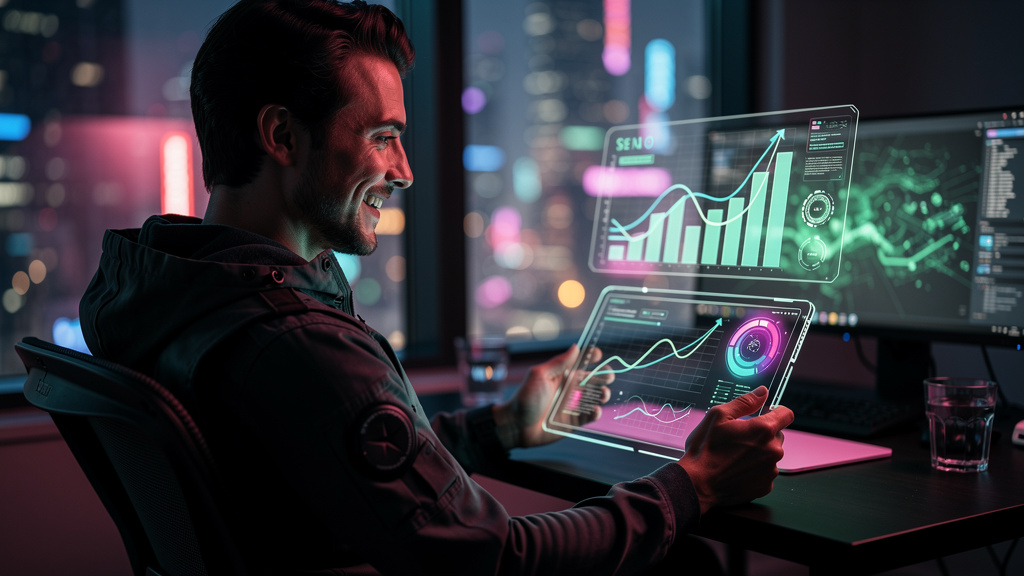 GEO: A IA que redefine o SEO para a era da Inteligência Artificial — Um designer de conteúdo usando a interface da Toolzz em um tablet transparente, onde o software sugere otimizações de conteúdo em t