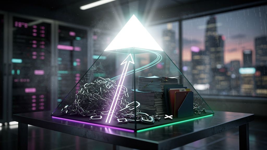 GEO: A Nova Estratégia de SEO para a Era da IA — Uma ilustração editorial mostrando uma pirâmide onde a base representa o SEO tradicional (palavras-chave, backlinks), e o topo, menor e mais brilhante,