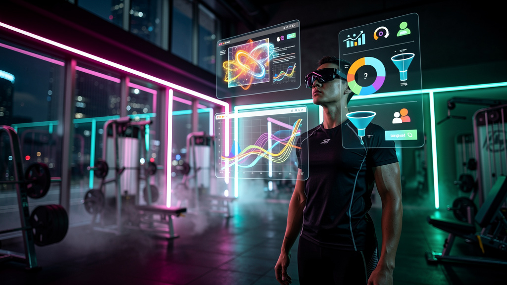 GEO: Como Dominar a Busca por IA e Atrair Mais Clientes — Uma pessoa usando óculos de realidade aumentada em uma academia, visualizando dados de otimização de conteúdo projetados no ar, com a logo da 