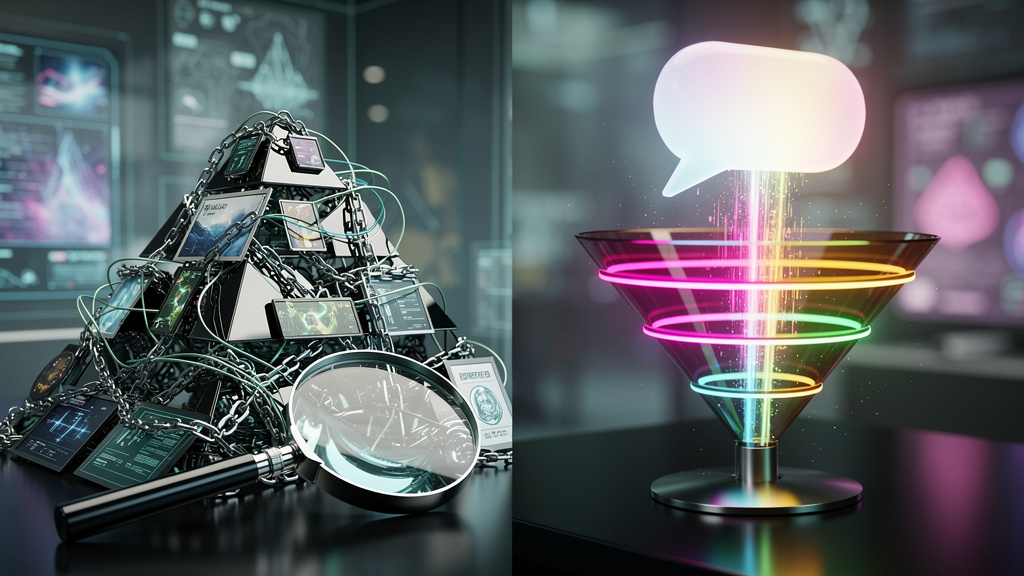 GEO: O Futuro do SEO na Era da IA Generativa — Diagrama comparativo em duas colunas lado a lado. À esquerda, 'SEO Tradicional': uma pirâmide complexa de backlinks, palavras-chave e algoritmos, com uma