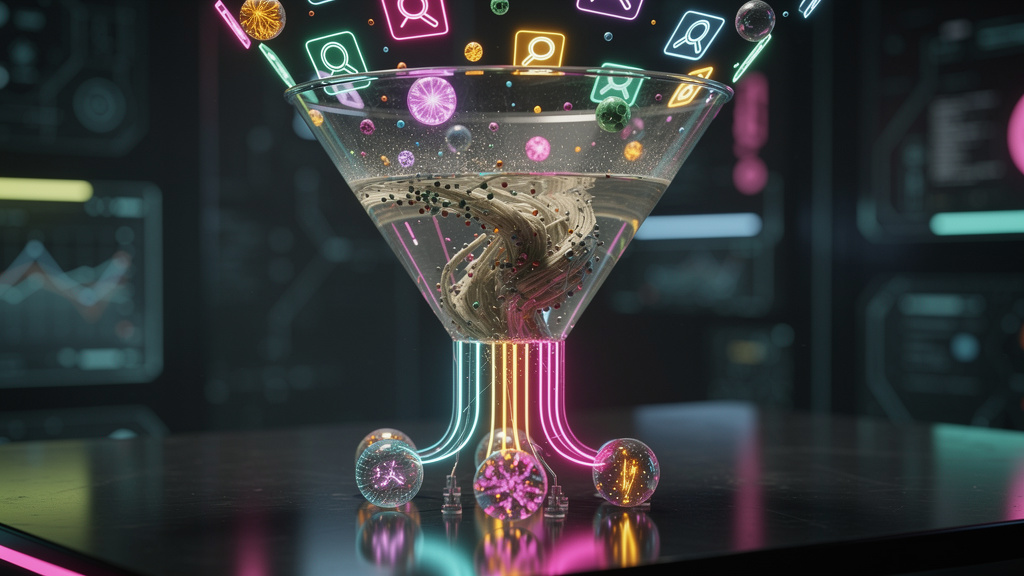 GEO: O Novo SEO para a Era da IA — Close-up de um funil de marketing digital. Na parte superior, várias consultas de pesquisa (em forma de texto flutuante) entram no funil. A parte intermediária do fu