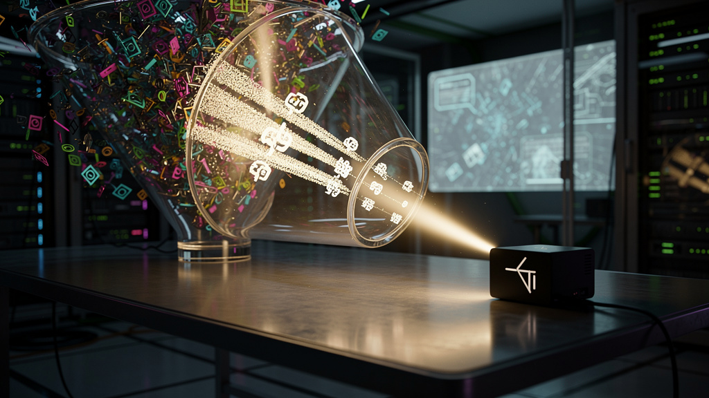 GEO: O Novo SEO para a Era da IA — Ilustração digital de um funil de marketing transformando-se. Na entrada do funil, um fluxo caótico de palavras-chave e dados (representando o SEO tradicional). No m