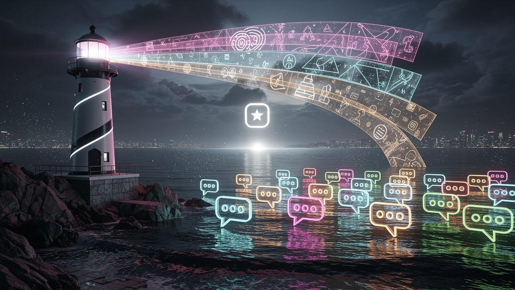 GEO: O Novo SEO para a Era da IA — Ilustração digital mostrando um farol estilizado emitindo ondas de luz em forma de dados e informações, iluminando um mar de perguntas representadas por ícones de ba