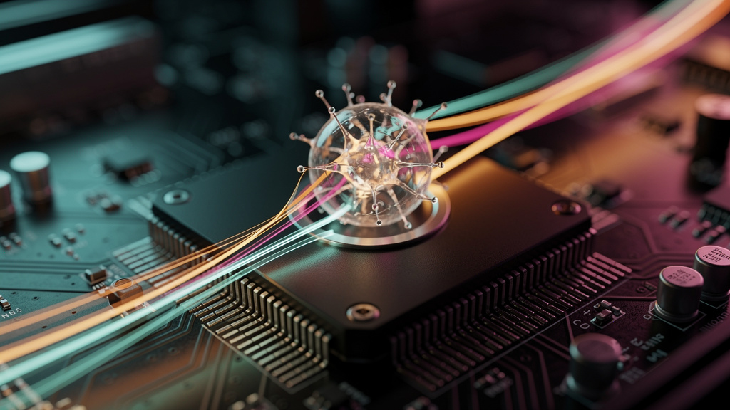 GEO: O Novo SEO para a Era da IA — Um close-up de um neurônio artificial brilhante dentro de um chip de computador, com feixes de luz representando dados fluindo através dele. O neurônio está processa