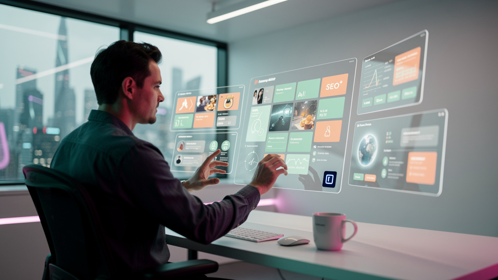 GEO: O Novo SEO para a Era da IA — Um designer de conteúdo trabalhando em um painel de controle da Toolzz, cercado por janelas flutuantes com dados de SEO e sugestões de conteúdo geradas por IA. O log