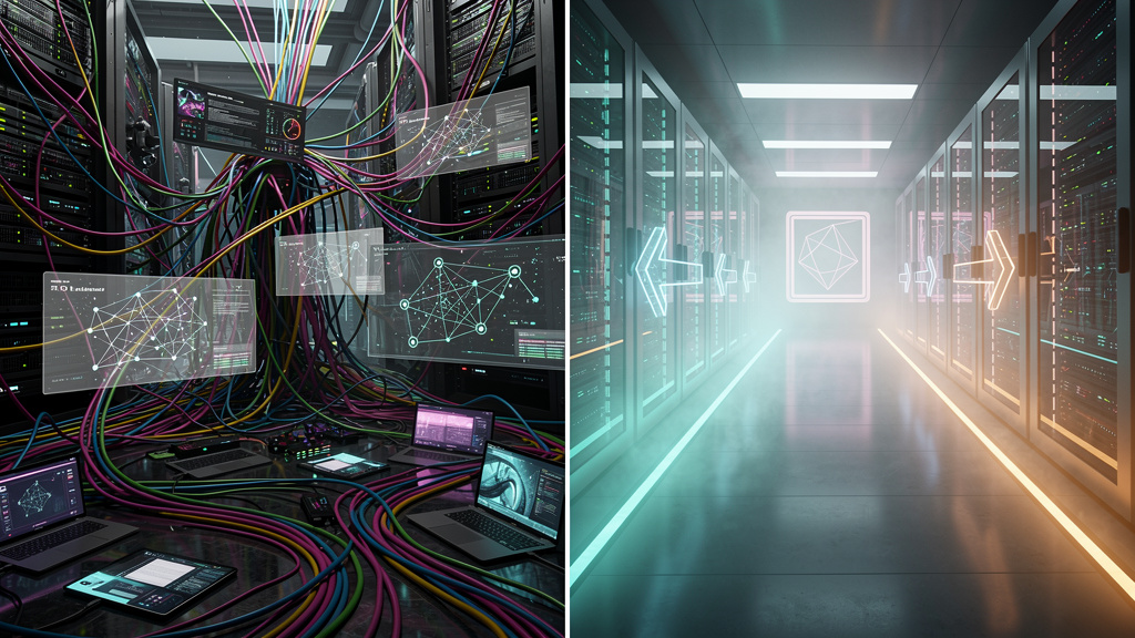 GEO: O Novo SEO para a Era da IA — Uma tela dividida mostrando à esquerda um labirinto confuso de links de SEO tradicional, e à direita um caminho claro e direto iluminado por luzes neon com a palavra