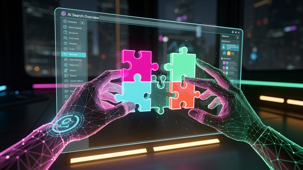 GEO: O Novo SEO para a Era da IA do Google — Uma tela holográfica exibindo o Google AI Overviews, com miniaturas de resultados de pesquisa em forma de quebra-cabeças se encaixando perfeitamente. Mãos 