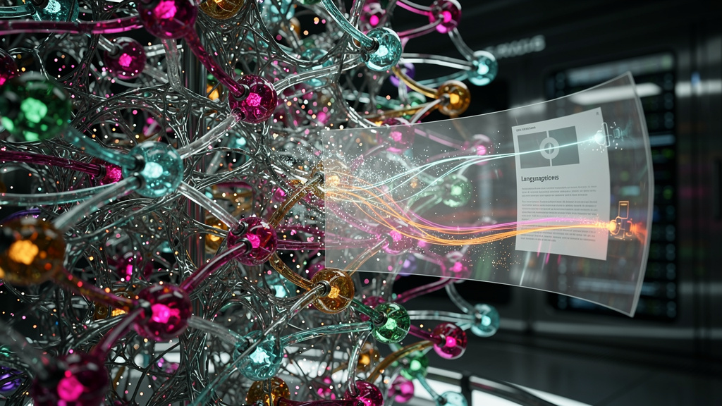 GEO: O Novo SEO para a Era da IA Generativa — Close-up de um modelo de linguagem grande (LLM) visualizado como uma rede neural complexa e colorida, com pequenas partículas de informação fluindo atravé