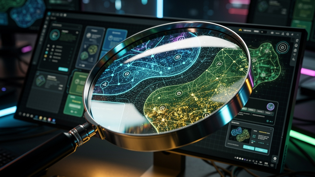 GEO: O Novo SEO para a Era da IA Generativa — Close-up de uma lupa digital ampliando o texto 'SEO' em uma tela, revelando a palavra 'GEO' escondida dentro. O logo da Toolzz aparece sutilmente refletid