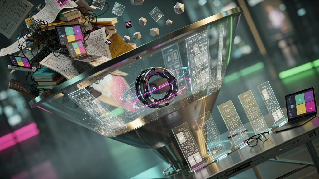 GEO: O Novo SEO para a Era da IA Generativa — Ilustração digital mostrando um funil de otimização de conteúdo. No topo do funil, representando a entrada, há um amontoado de dados brutos e desorganizad