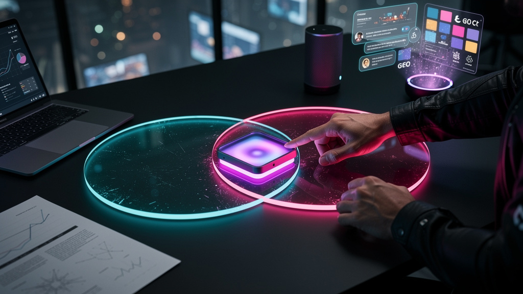 GEO: O Novo SEO para a Era da IA Generativa — Um diagrama de Venn colorido mostrando a interseção entre SEO tradicional e GEO. A área de interseção, representando o futuro do SEO, destaca o logo da To