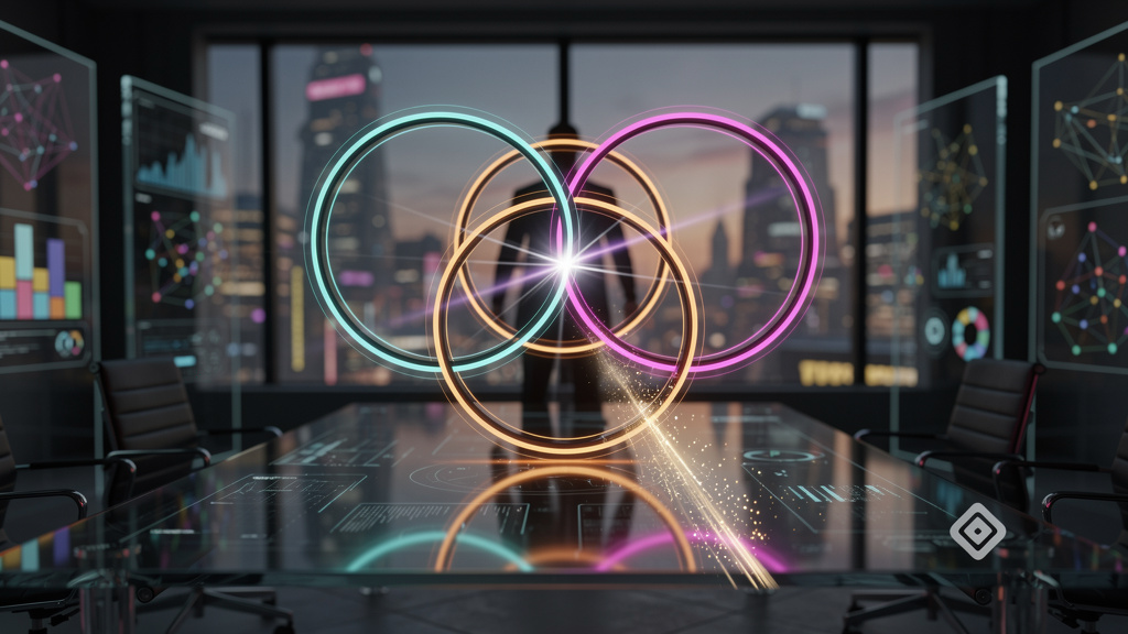 GEO: O Novo SEO para a Era da IA Generativa — Um diagrama de Venn com três círculos sobrepostos: 'SEO Tradicional', 'Intenção do Usuário' e 'IA Generativa'. A área de interseção, onde os três círculos