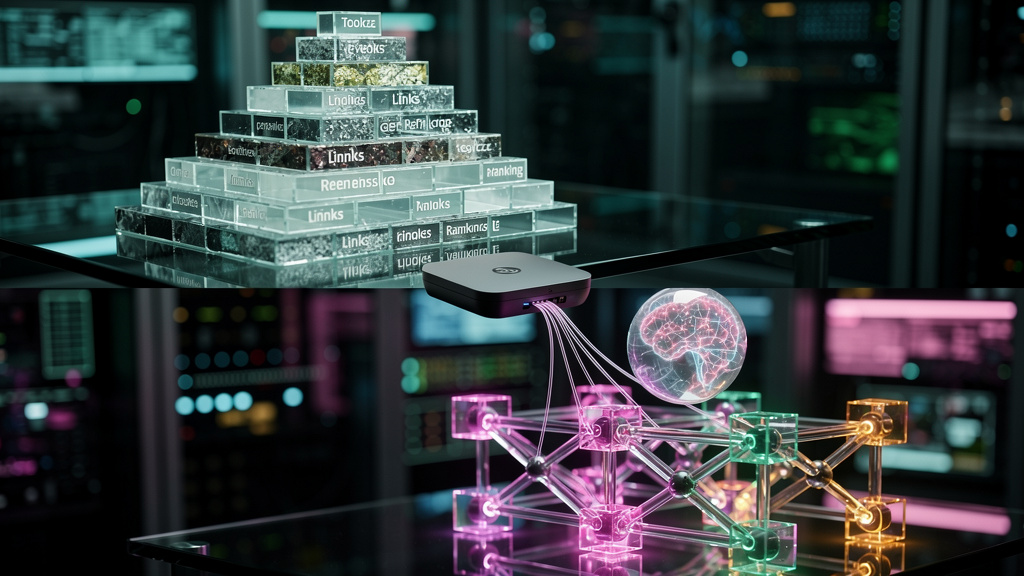 GEO: O Novo SEO para a Era da IA Generativa — Um diagrama visual que compara o SEO tradicional com o GEO (Generative Engine Optimization). No lado do SEO tradicional, uma pirâmide com blocos represent