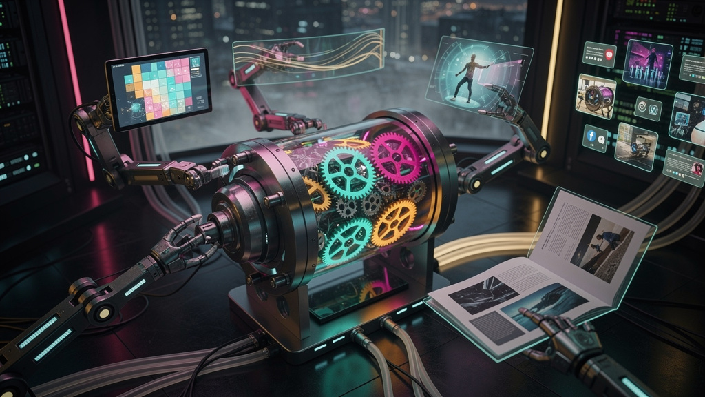 GEO: O Novo SEO para a Era da IA – Tendências 2024 — Ilustração isométrica de um motor de busca com engrenagens coloridas girando, representando a otimização. Braços robóticos estendem-se do motor par