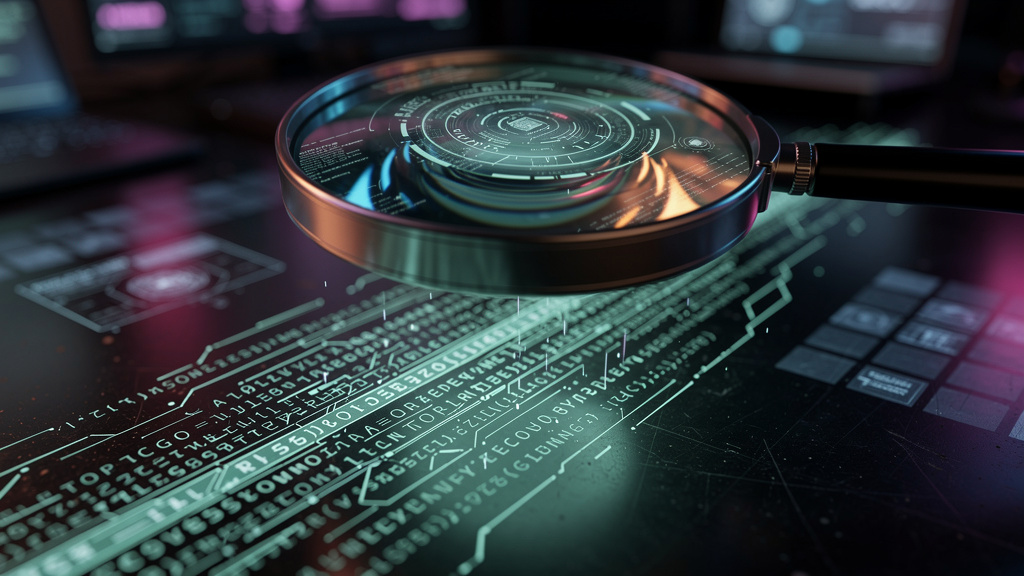 GEO: O Novo SEO para IA que Escreve Conteúdo e Domina o Ranking — Um close-up estilizado de uma lupa focando em um texto digital, com o reflexo na lente mostrando o logo da Toolzz. O texto sob a lupa 