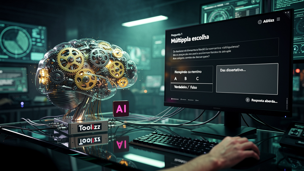 Geração de Provas com IA: O Guia Completo para EAD — Ilustração de um cérebro humano estilizado, com engrenagens e circuitos intrincados em seu interior. As engrenagens estão girando e conectadas a um