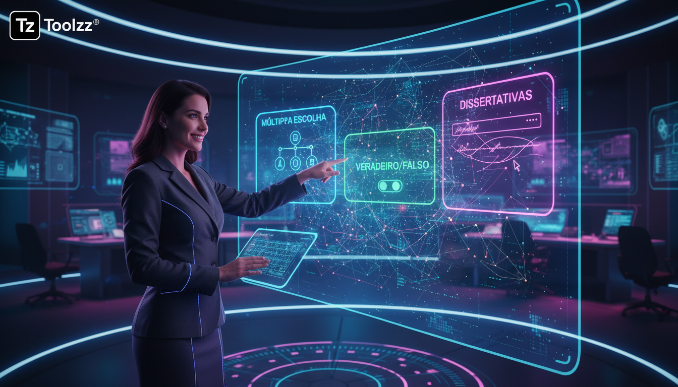 Geração de Provas com IA: O Guia Completo para EAD — Ilustração digital de um instrutor de treinamento corporativo sorrindo e apontando para um painel interativo onde um algoritmo de IA está gerando a