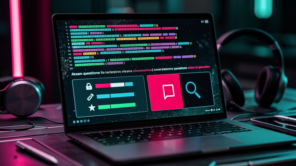 Geração de Provas com IA: O Guia Completo para EAD — Um close-up de uma tela de computador mostrando o código de um algoritmo de IA gerando perguntas para uma prova. As perguntas são exibidas em difer