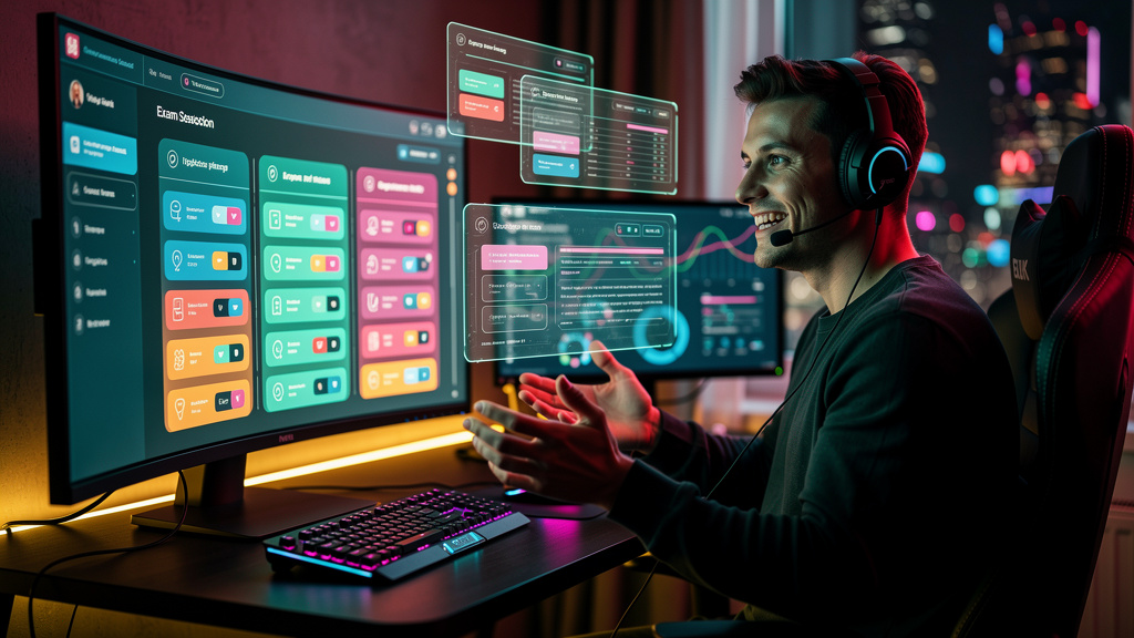 Geração de Provas com IA: O Guia Completo para EAD — Um instrutor de EAD sorrindo, usando um headset, gesticulando em frente a uma tela de computador. A tela exibe uma interface de software com difere