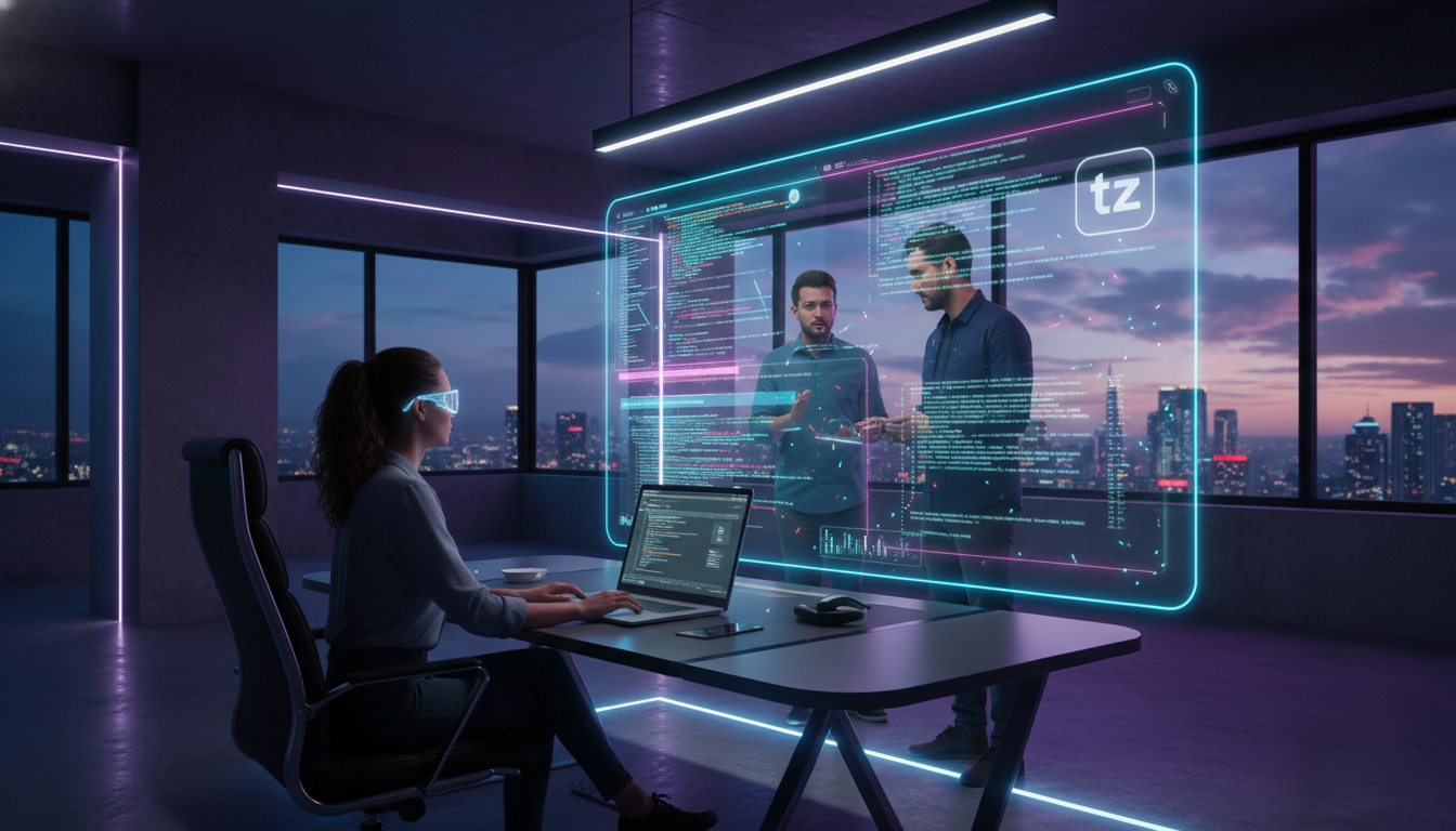 GitHub Copilot e o Futuro da Produtividade com IA — Um time de desenvolvedores colaborando em um projeto de software em um escritório moderno e minimalista. Um deles está usando o GitHub Copilot em se