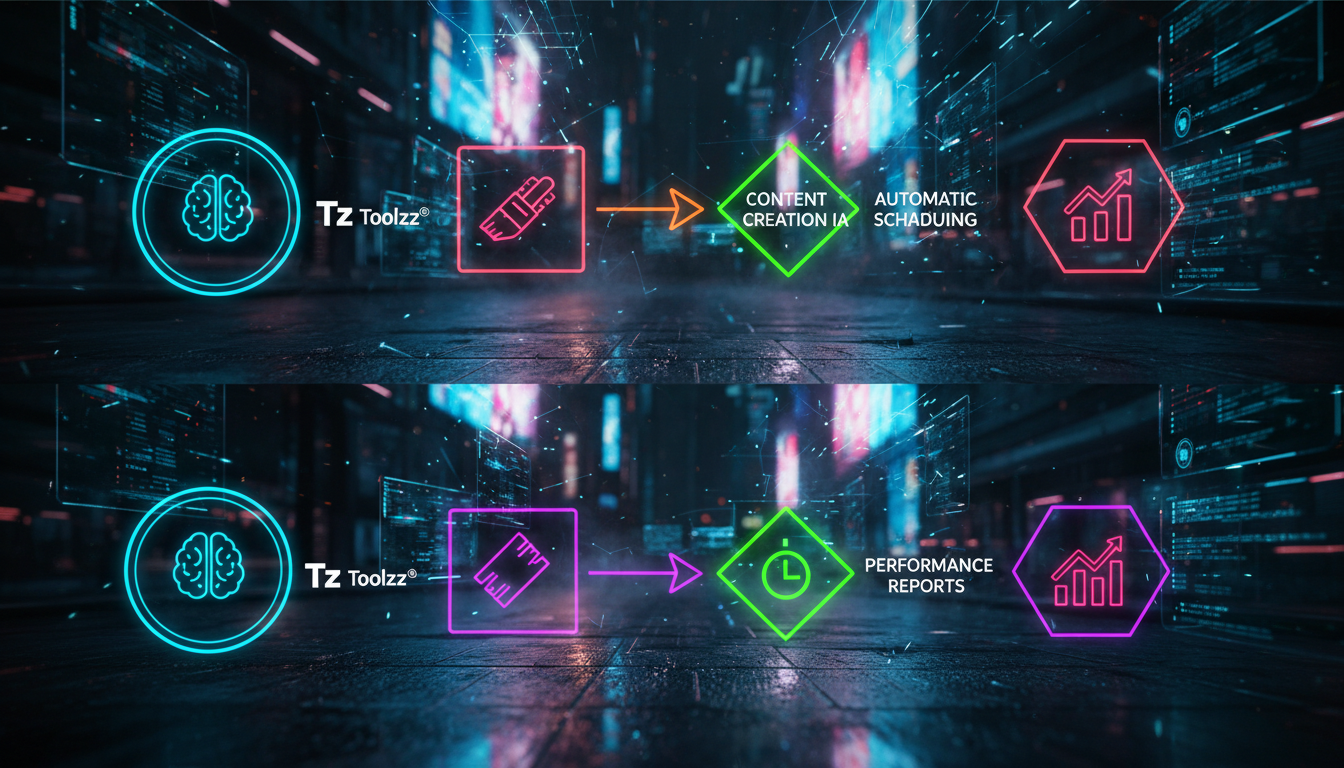 Glossário de termos essenciais sobre agente IA social media — Um fluxograma colorido e dinâmico mostrando o ciclo de automação de marketing. Começa com 'Análise de Dados', passa por 'Criação de Conteú