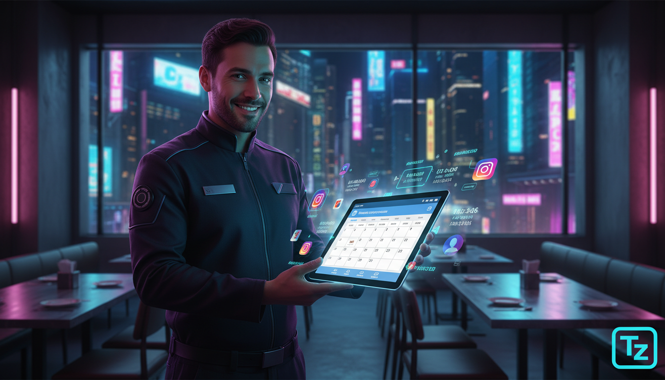 Glossário de termos essenciais sobre IA para Instagram Business — Um atendente de restaurante, com um tablet na mão, sorri enquanto organiza as mesas. No tablet, uma tela mostra um calendário integrad